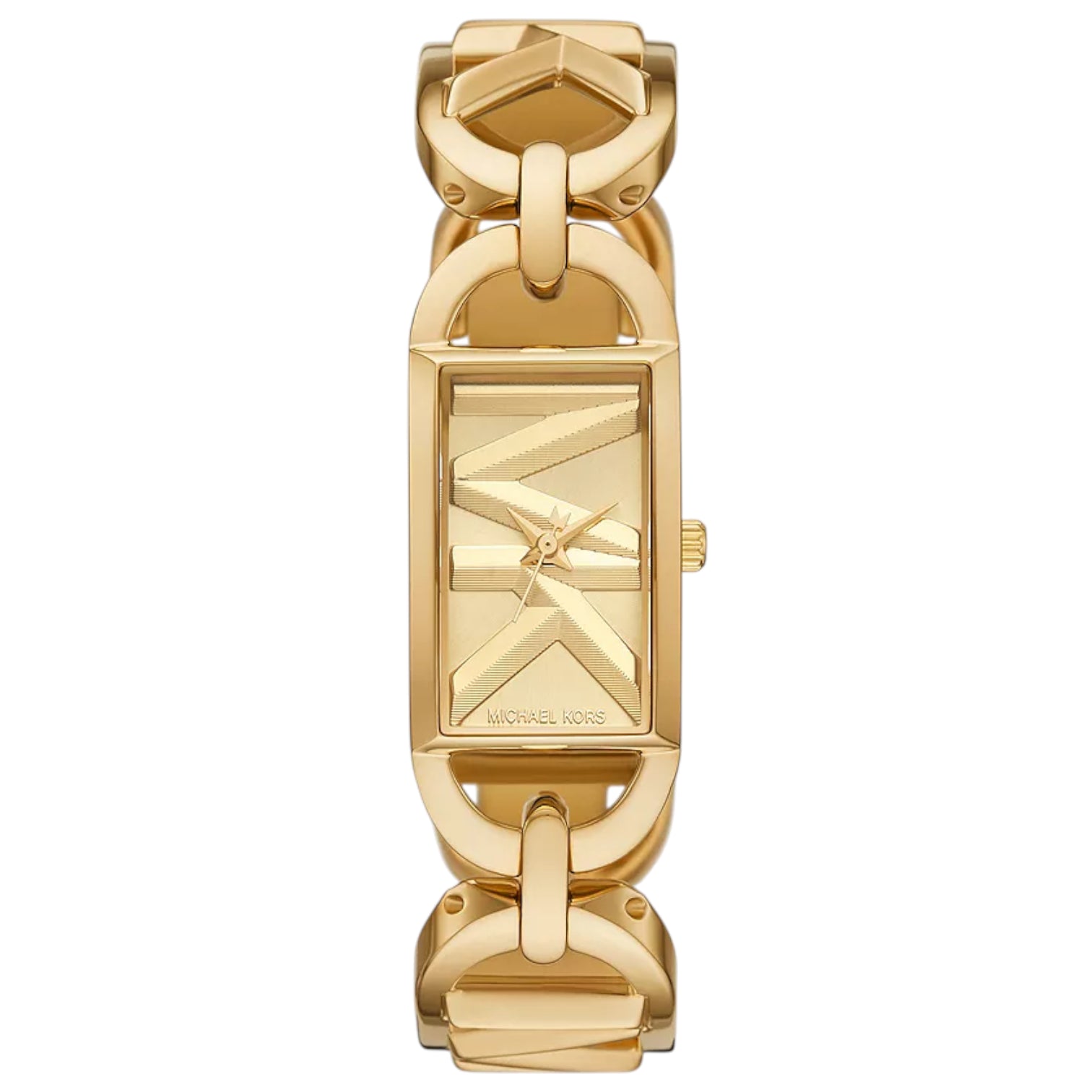 Authentic real-life photo of Michael Kors MK7406 showing gold chain link strap and oversized MK logo dial