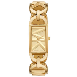 Authentic real-life photo of Michael Kors MK7406 showing gold chain link strap and oversized MK logo dial