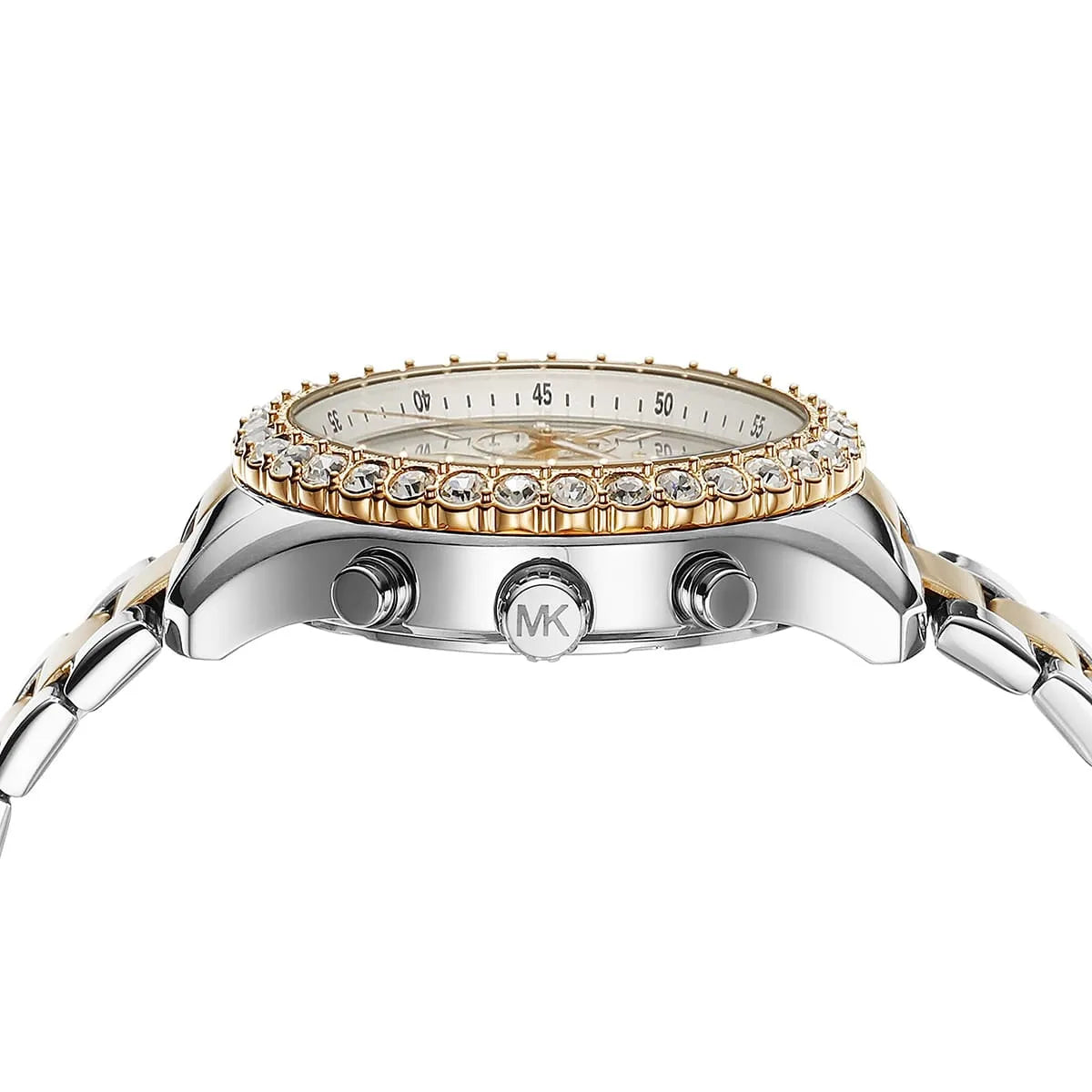 Side profile of Michael Kors Everest MK7415 showing 11mm thickness and gold-tone finish with 50m water resistance