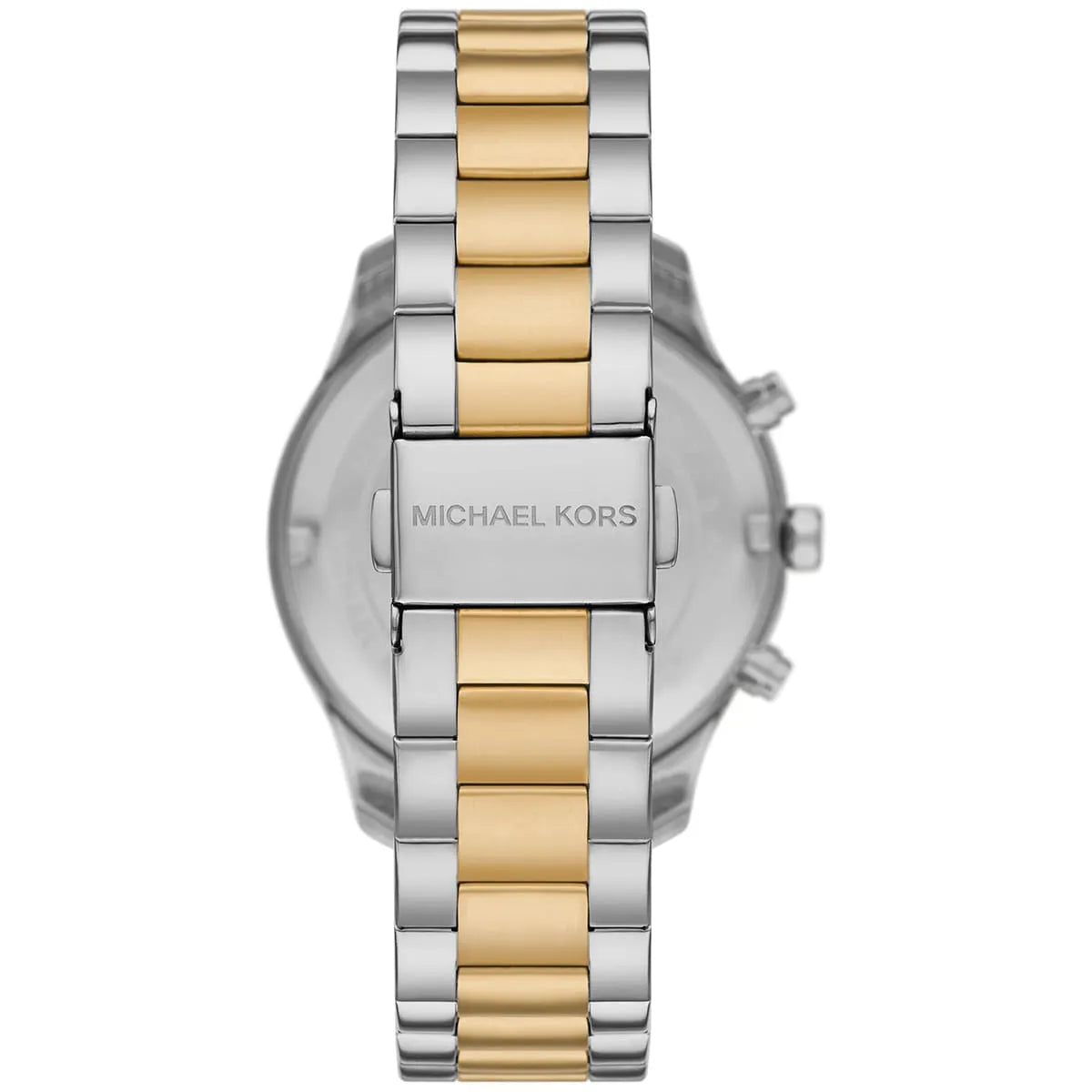 Caseback of Michael Kors Everest MK7415 showing technical specs white dial and two-tone metal bracelet