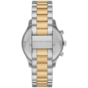 Caseback of Michael Kors Everest MK7415 showing technical specs white dial and two-tone metal bracelet