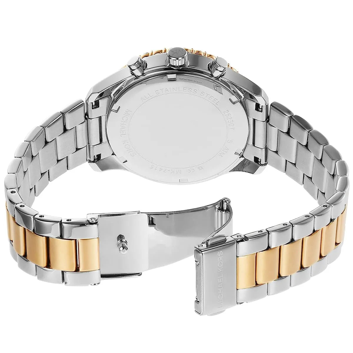 Two-tone silver and gold deployment clasp on Michael Kors Everest MK7415 metal bracelet watch water resistant 50m