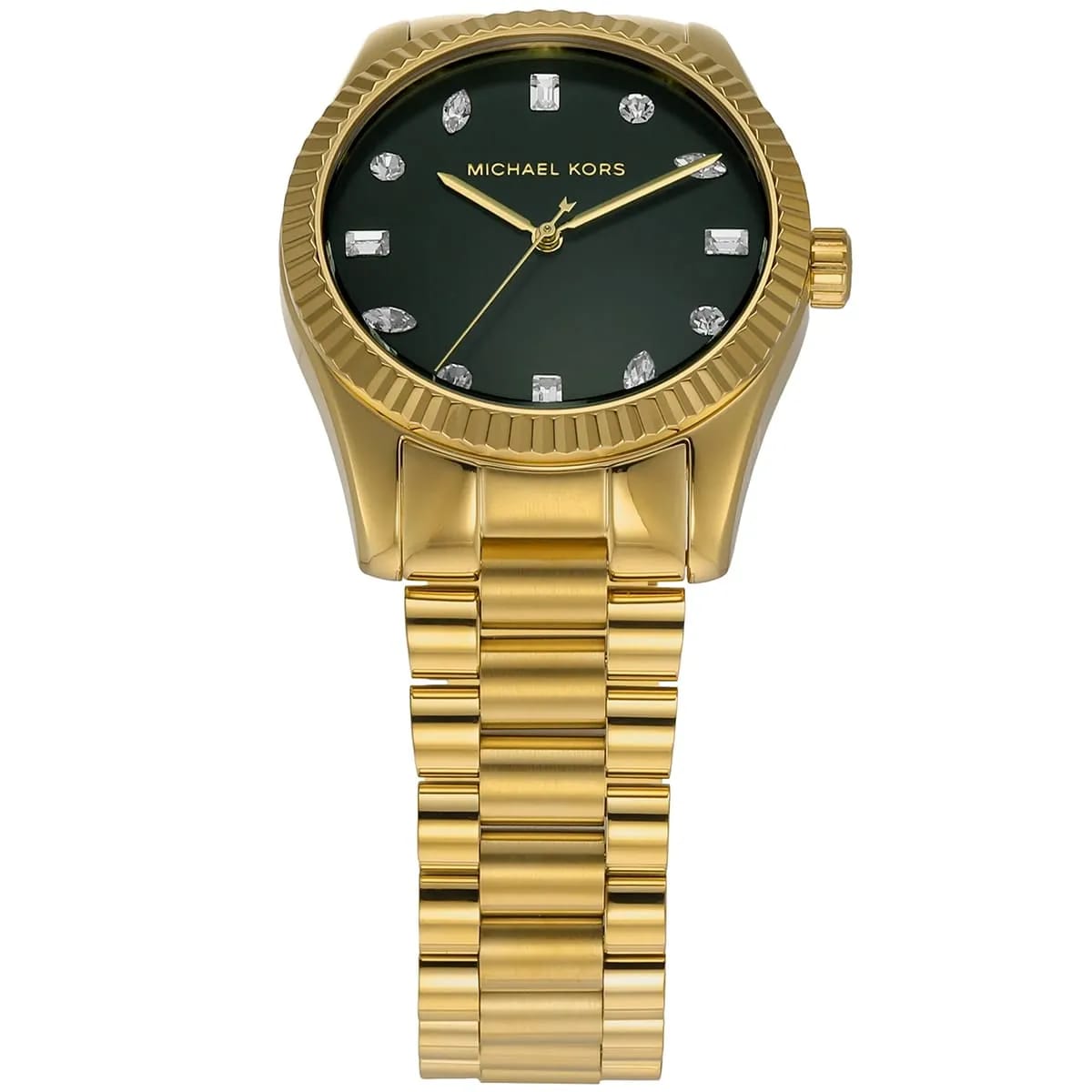 Angled real-life photo of Michael Kors MK7449 showing the polished fluted bezel and green dial
