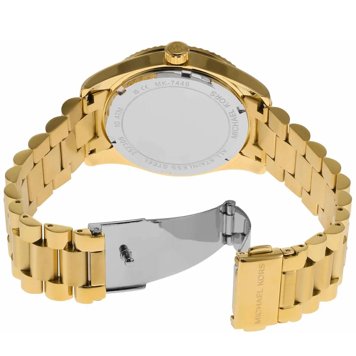 Photo of the gold-tone stainless steel deployment buckle on the Michael Kors MK7449