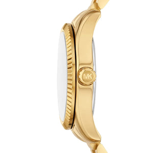 Detail photo of the gold-tone crown on the Michael Kors MK7449 women's watch