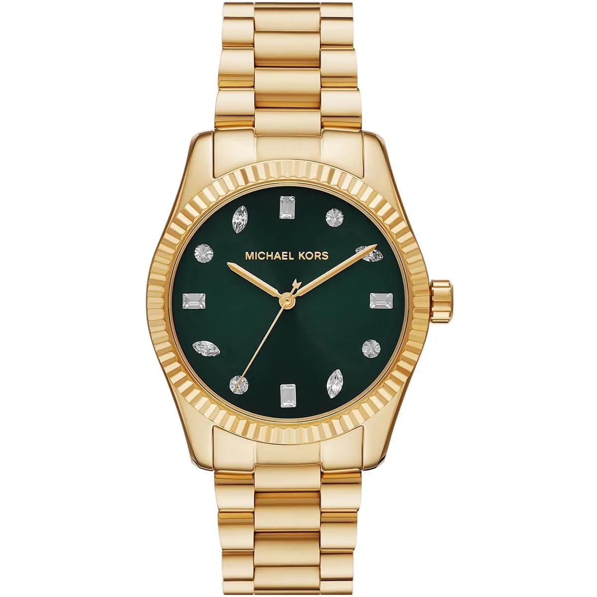 Authentic real-life photo of Michael Kors MK7449 showing actual gold finish and sunray green dial