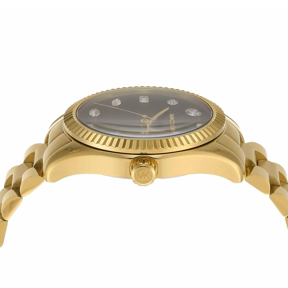 Side view photo of Michael Kors MK7449 showing case thickness and gold crown detail