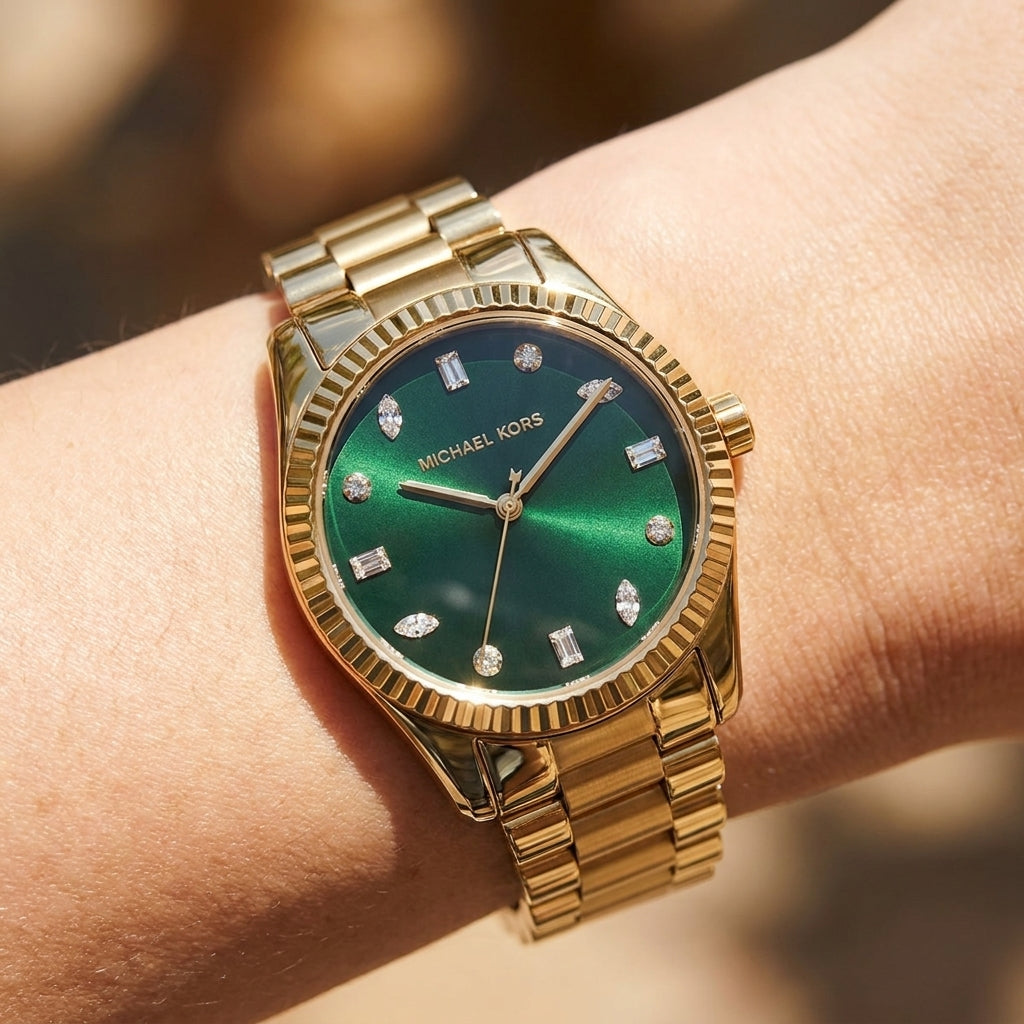 Close up shot of Michael Kors MK7449 on wrist showing green dial and multi-shaped crystal markers