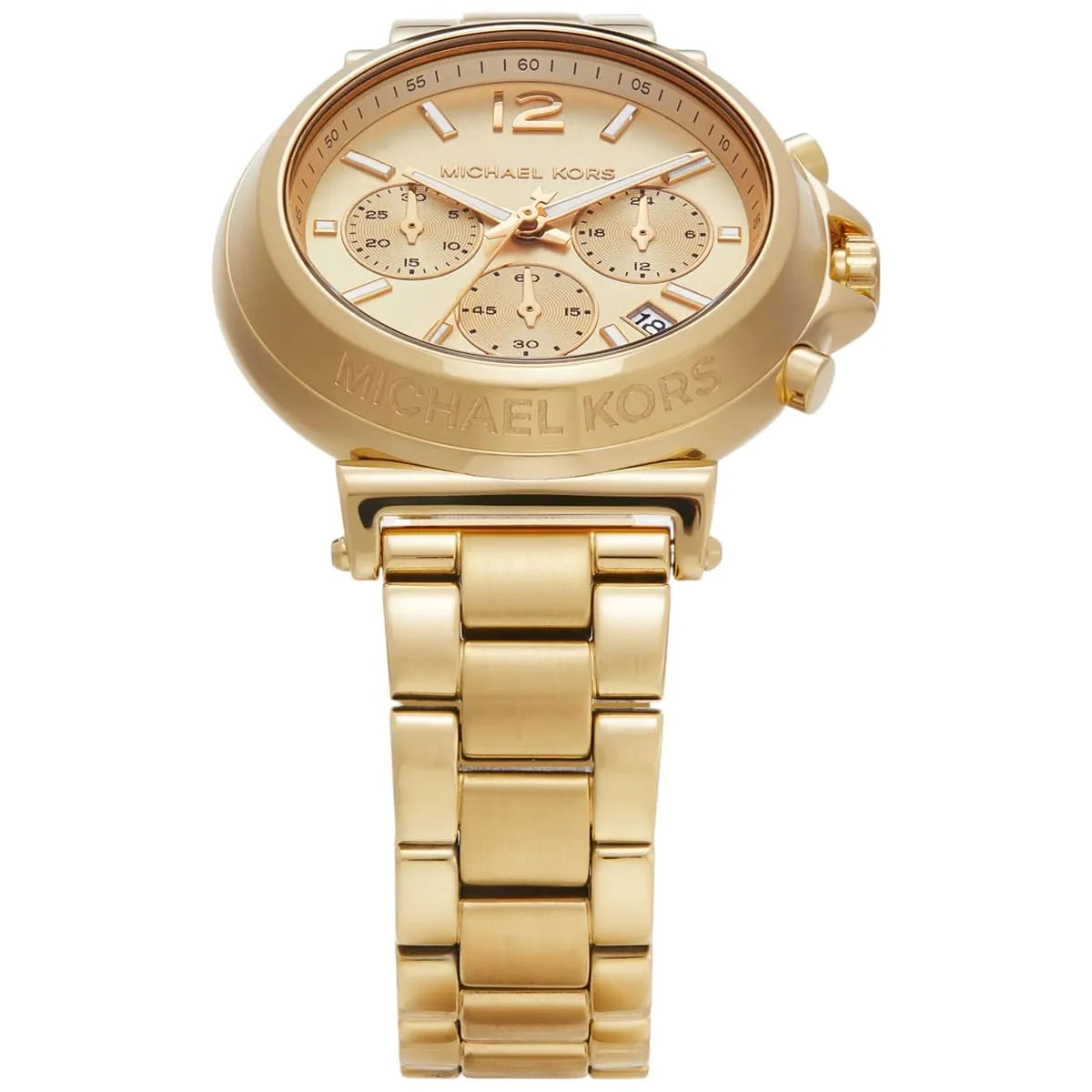 Right angled view of Michael Kors Maren MK7493 women's quartz battery watch highlighting gold finish and etched bezel details