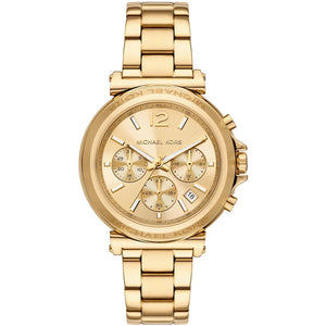 Michael Kors Maren MK7493 women's quartz battery watch with gold dial, gold-tone logo-etched bezel, gold stainless steel bracelet main view