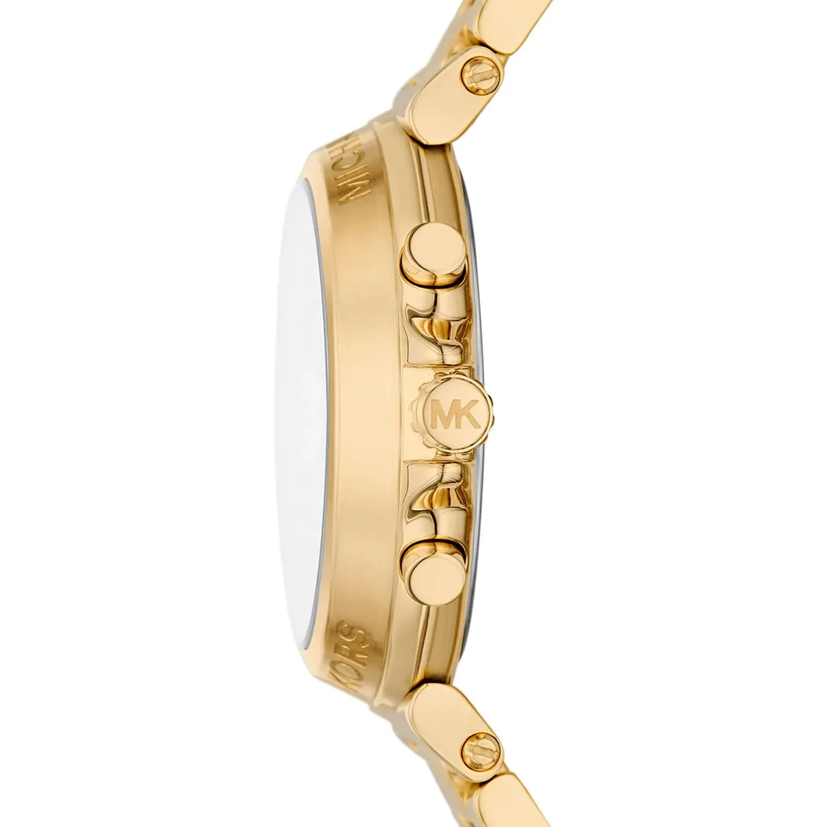 Side profile of Michael Kors Maren MK7493 women's quartz battery watch showing 11mm thickness and gold finish