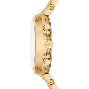 Side profile of Michael Kors Maren MK7493 women's quartz battery watch showing 11mm thickness and gold finish