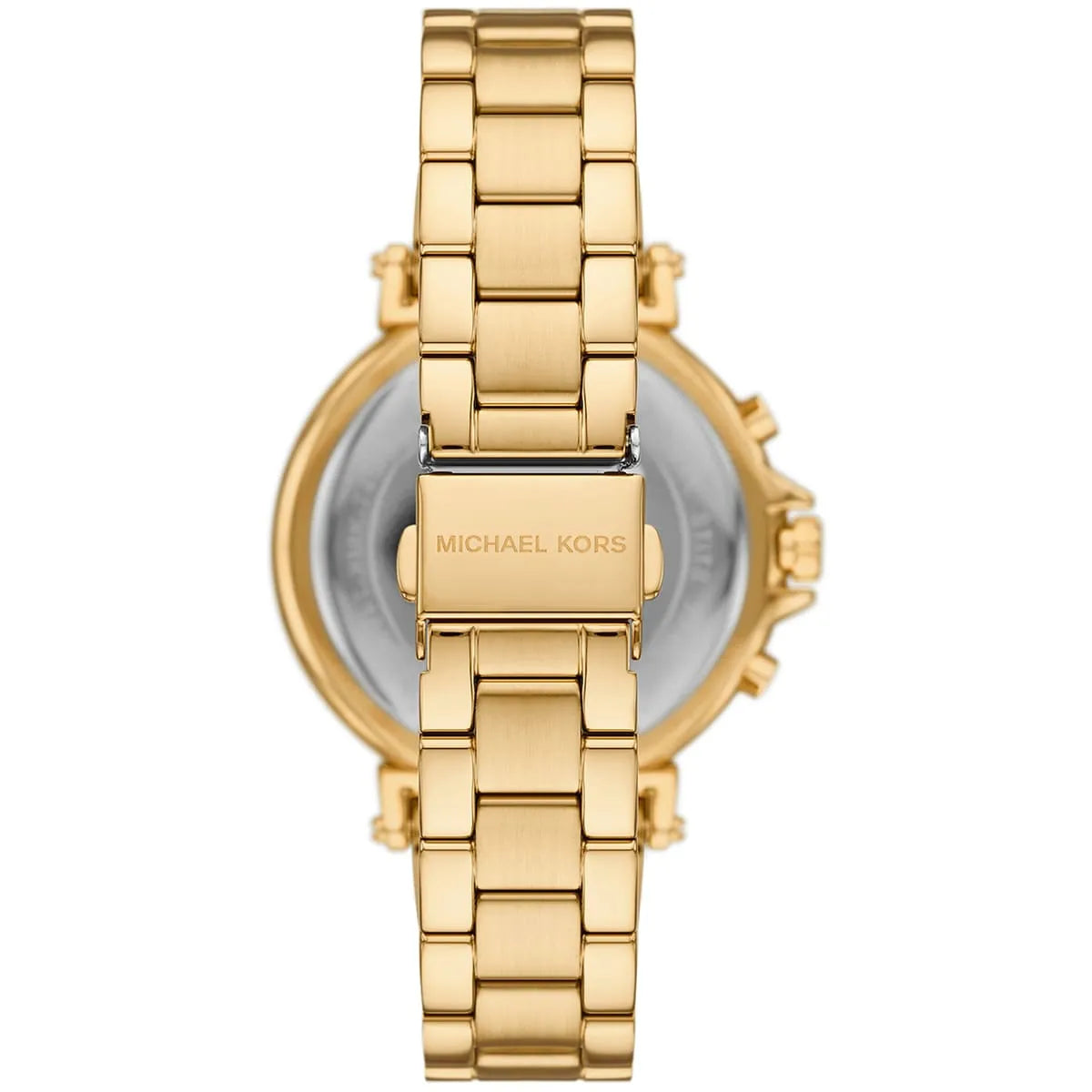 Caseback of Michael Kors Maren MK7493 women's quartz battery watch showing technical specs gold dial and metal bracelet