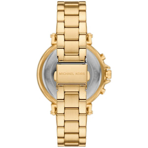 Caseback of Michael Kors Maren MK7493 women's quartz battery watch showing technical specs gold dial and metal bracelet