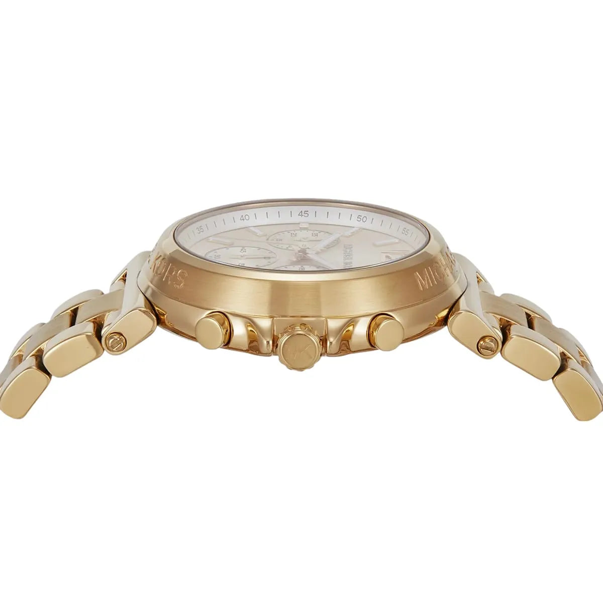 Side profile of Michael Kors Maren MK7493 women's quartz battery watch showing 11mm thickness and gold finish