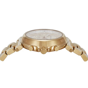 Side profile of Michael Kors Maren MK7493 women's quartz battery watch showing 11mm thickness and gold finish