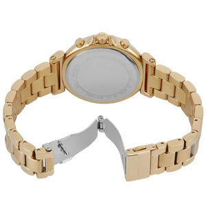 Gold-tone deployment clasp on Michael Kors Maren MK7493 women's quartz battery metal bracelet watch