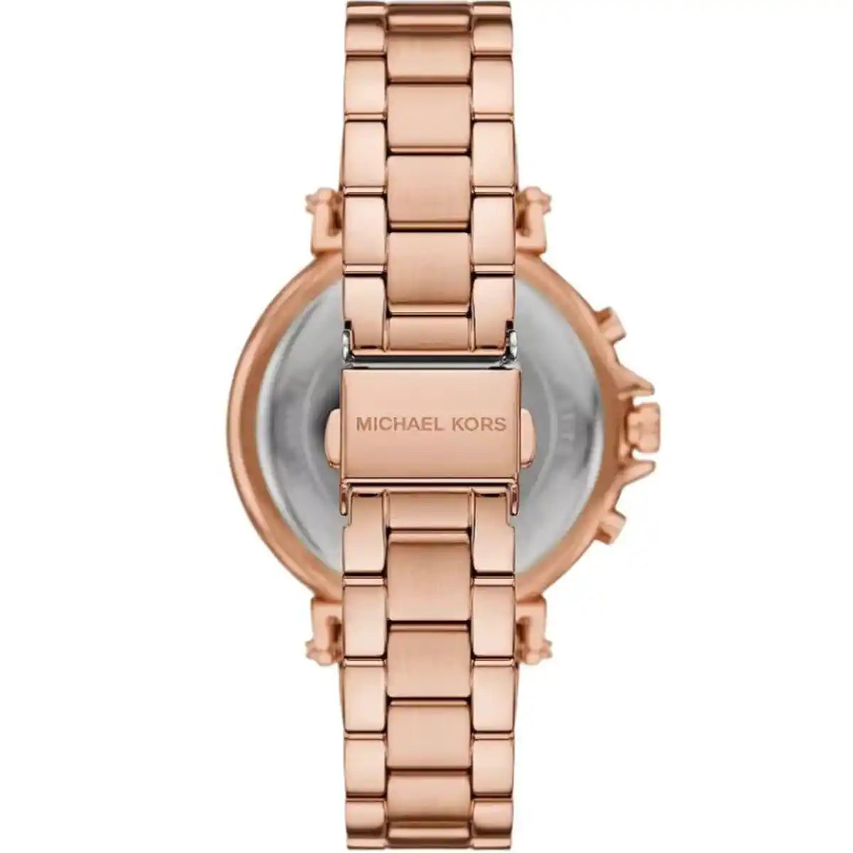 Caseback of Michael Kors Maren MK7494 women's quartz battery watch showing technical specs rose gold dial and metal bracelet