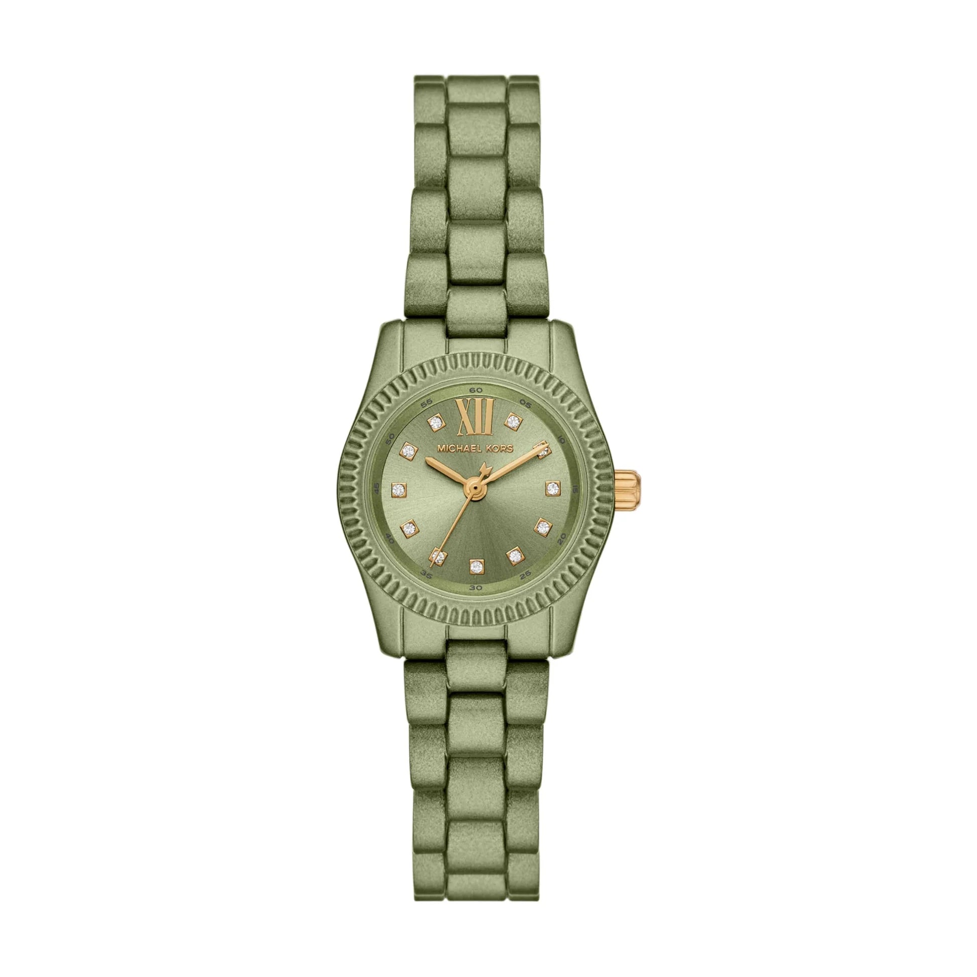 Front view of Michael Kors Lexington Green MK7517LE women's watch with dusty sage green dial and matching stainless steel bracelet.