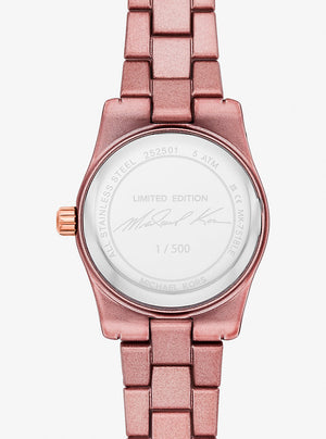 Back view photo of Michael Kors MK7518LE showing the stainless steel caseback info