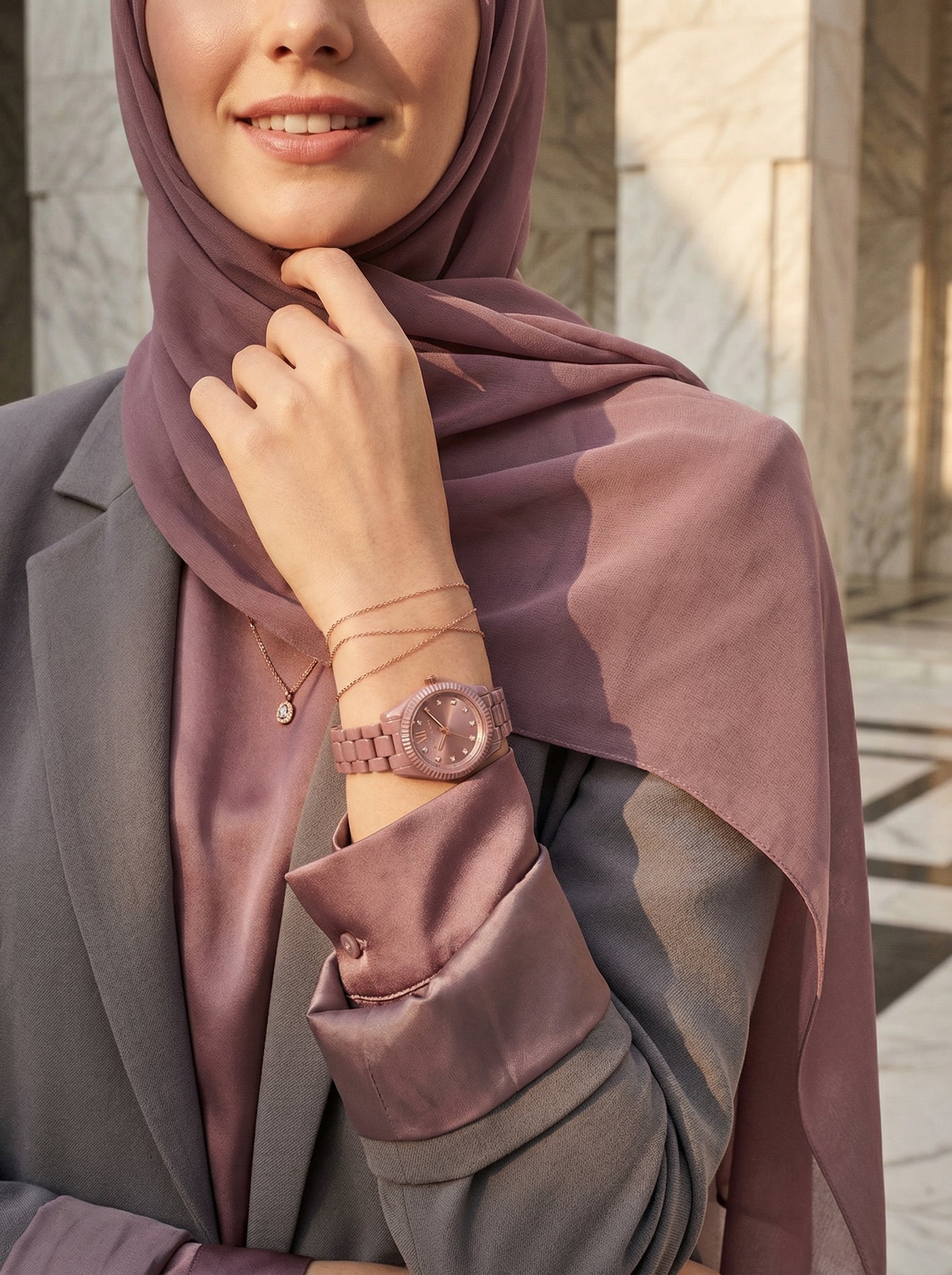 Lifestyle photo of Michael Kors MK7518LE showing the elegant rose watch on a woman's wrist