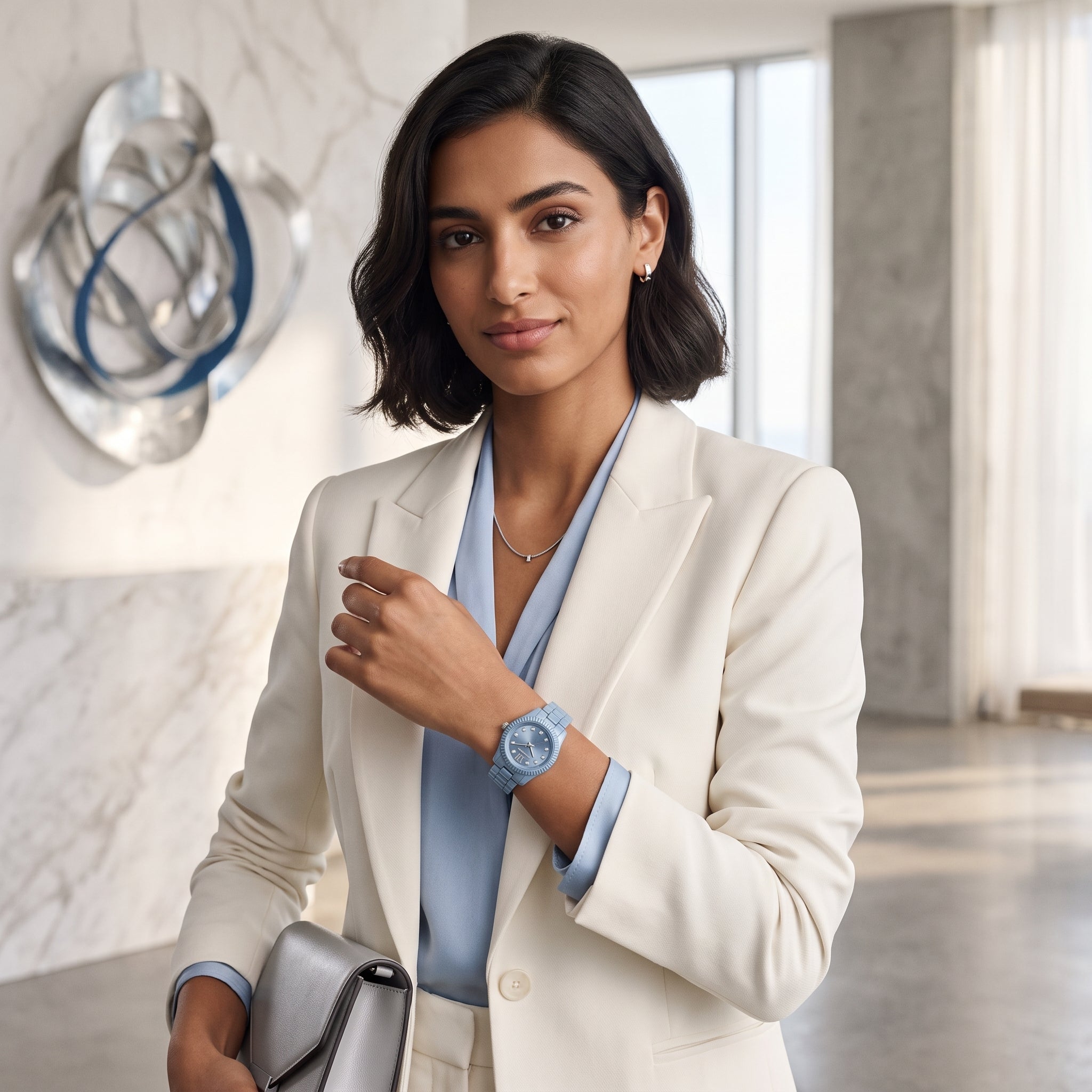 Luxury lifestyle image featuring the Michael Kors Petite Lexington MK7519LE women's watch.