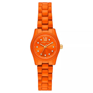 Authentic real-life photo of Michael Kors MK7538LE showing actual vibrant orange finish and crystal indices
