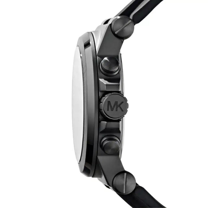 Close-up of a Michael Kors watch with a black strap and silver case on a white background.