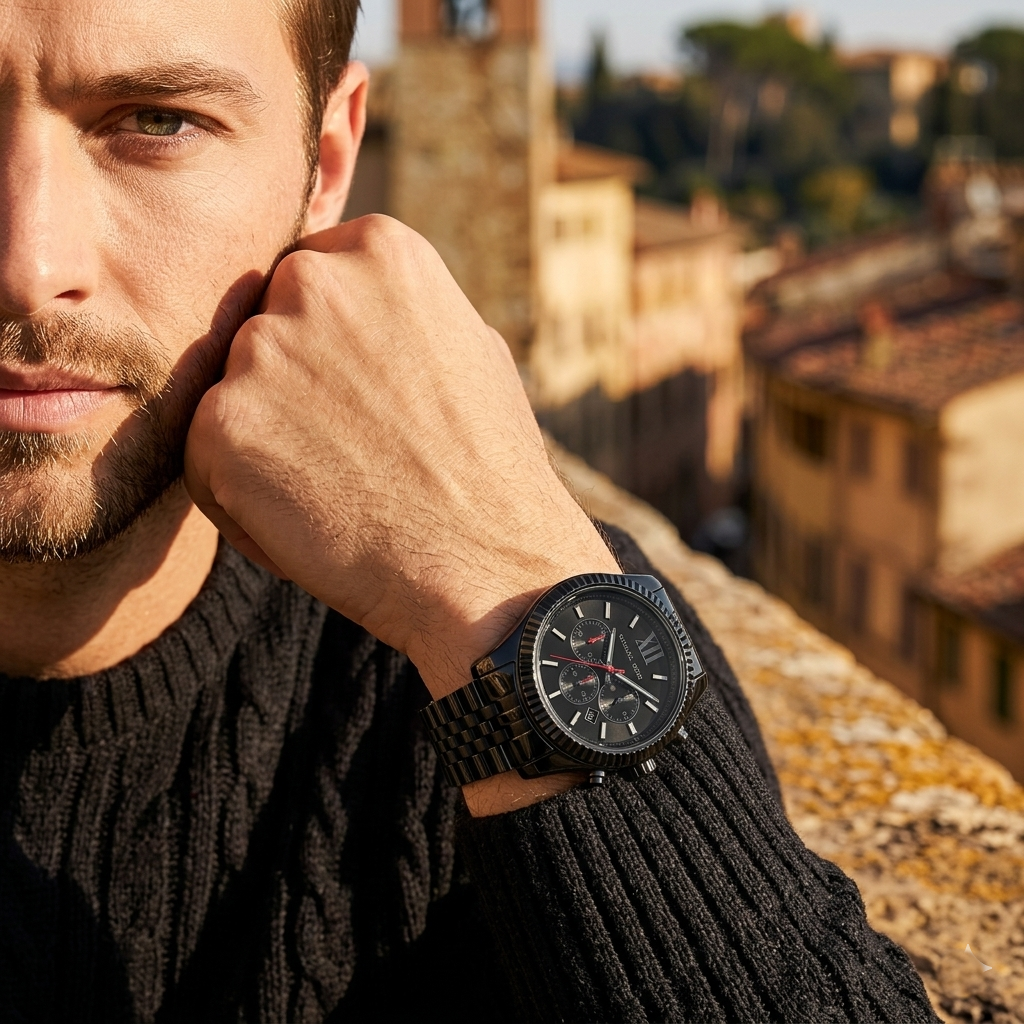 Elegant man wearing Michael Kors Lexington MK8320 men's quartz battery watch with black-tone case and luxury coin-edge bezel