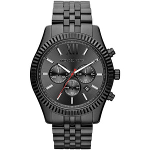 Michael Kors Lexington MK8320 men's quartz battery watch with dark grey dial, black fluted bezel, black stainless steel bracelet main view