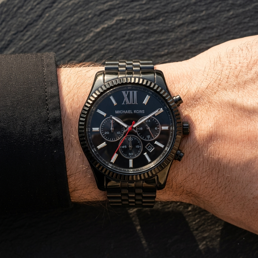 Close up of Michael Kors Lexington MK8320 men's quartz battery watch on wrist showing dark grey dial and black metal bracelet