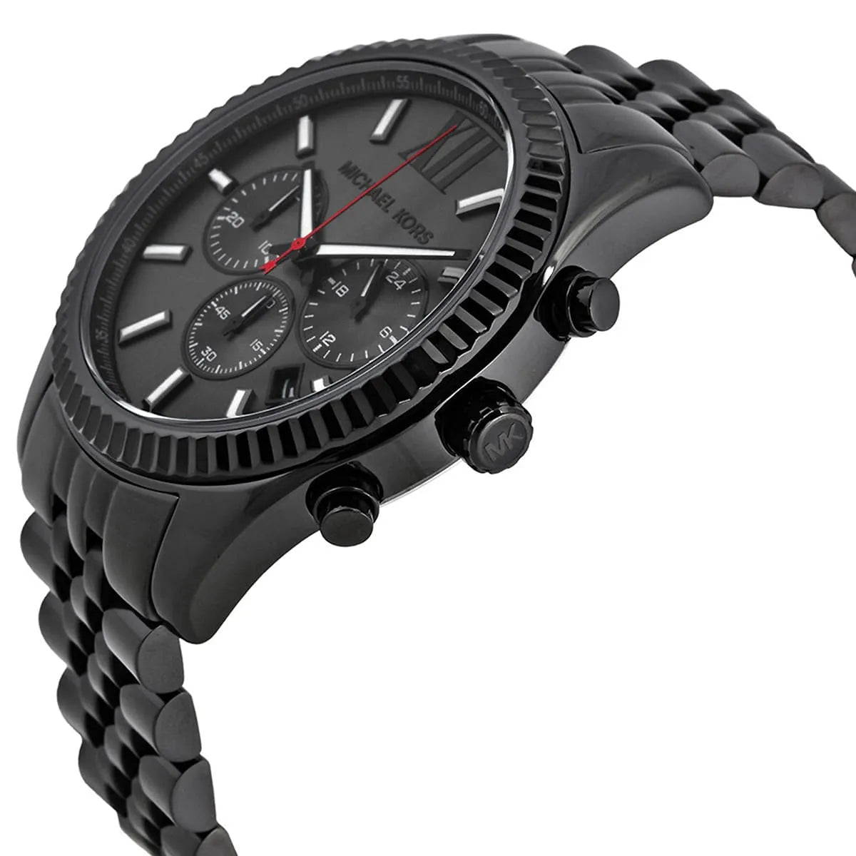 Side profile of Michael Kors Lexington MK8320 men's quartz battery watch showing 12mm thickness and black finish