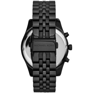 Caseback of Michael Kors Lexington MK8320 men's quartz battery watch showing technical specs dark grey dial and black metal bracelet