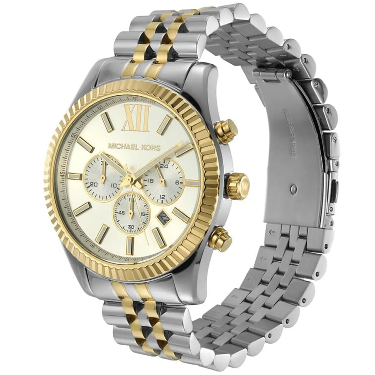 Angled front view of Michael Kors MK8344 showing reflection on fluted bezel