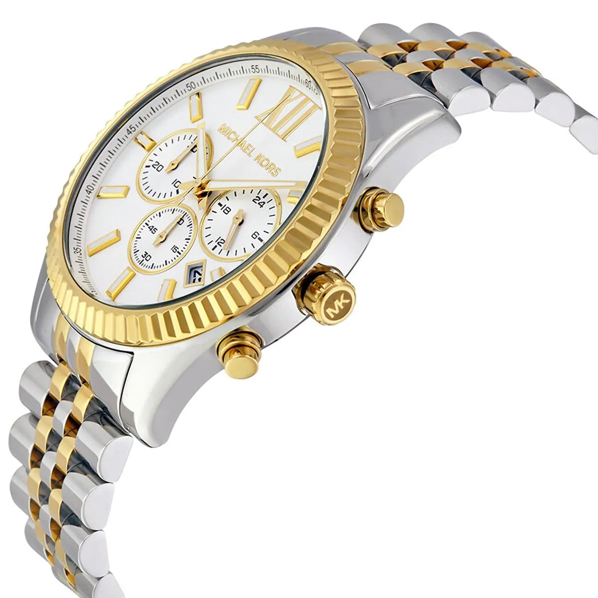 Angled front view of Michael Kors MK8344 showing reflection on fluted bezel