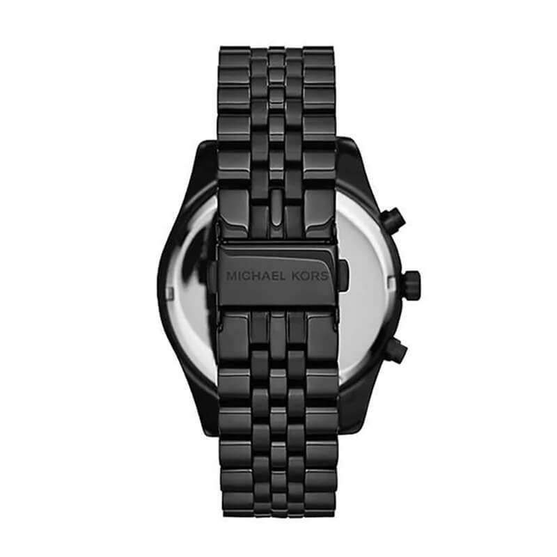 Caseback of Michael Kors Lexington MK8467 men's quartz battery watch showing technical specs black dial and metal bracelet