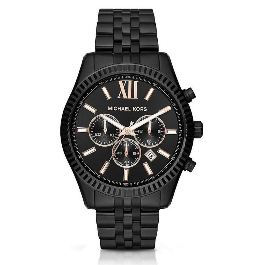 Michael Kors Lexington MK8467 men's quartz battery watch with black dial, black-tone fluted bezel, black stainless steel bracelet main view