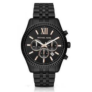 Michael Kors Lexington MK8467 men's quartz battery watch with black dial, black-tone fluted bezel, black stainless steel bracelet main view