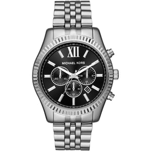 Michael Kors Lexington MK8602 men's quartz battery watch with black dial, silver-tone fluted bezel, silver stainless steel bracelet main view