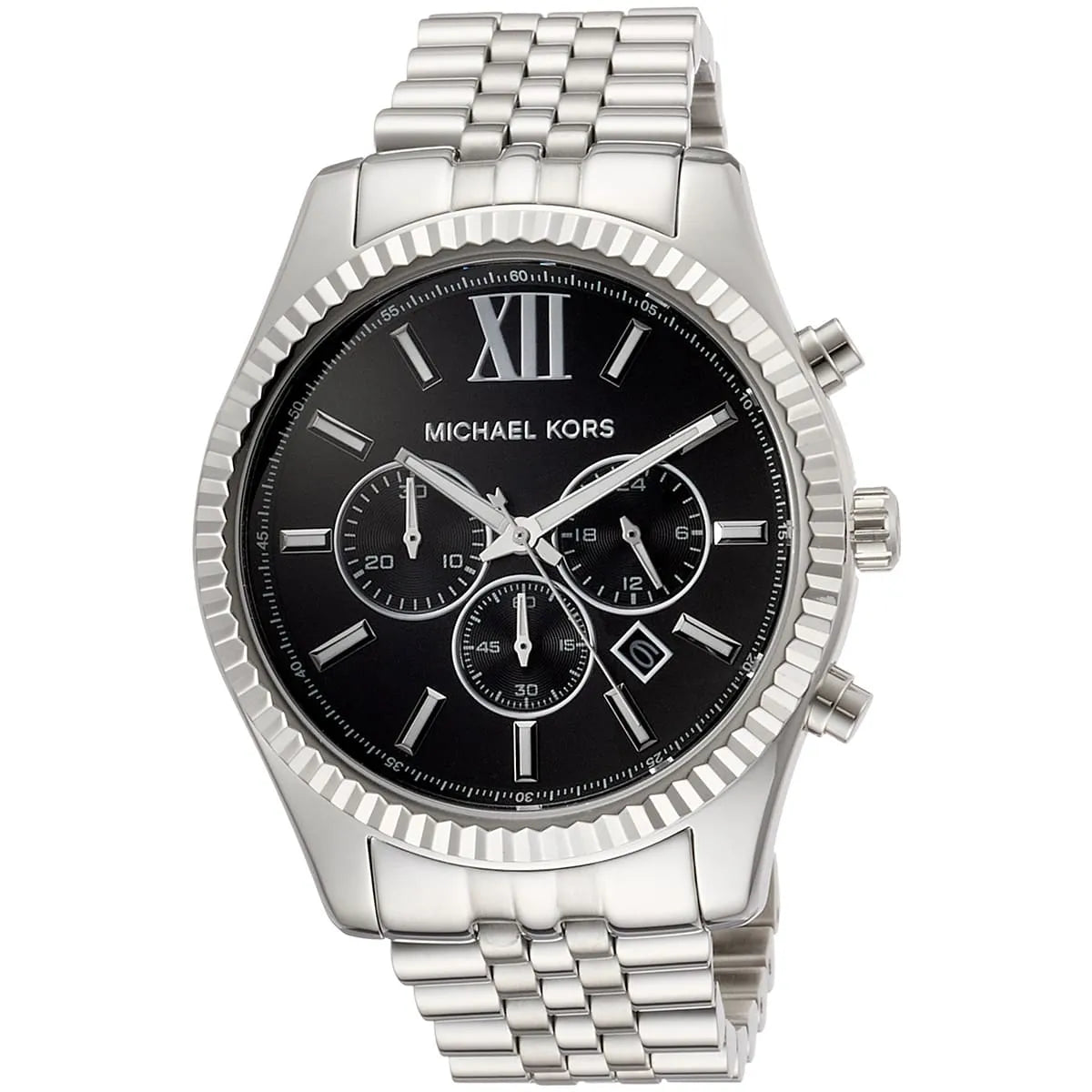 Right angled view of Michael Kors Lexington MK8602 men's quartz battery watch highlighting silver finish and black dial chronograph details