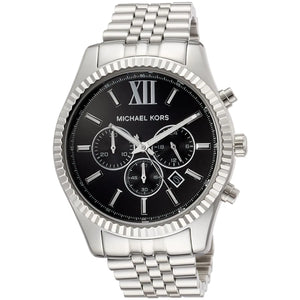Right angled view of Michael Kors Lexington MK8602 men's quartz battery watch highlighting silver finish and black dial chronograph details
