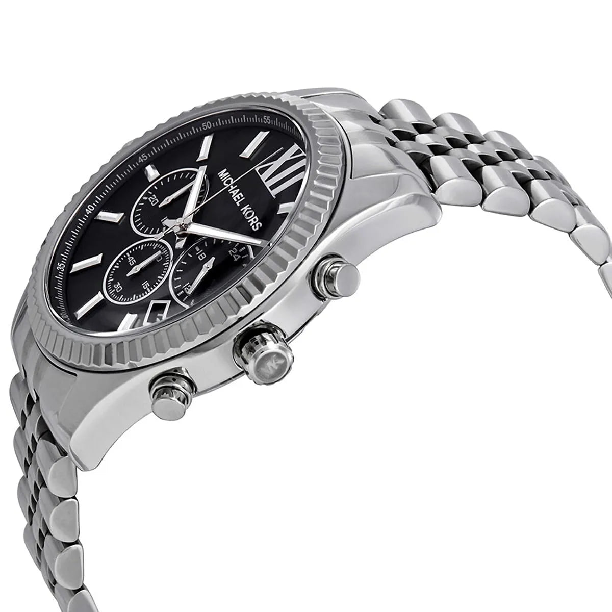 Side profile of Michael Kors Lexington MK8602 men's quartz battery watch showing 12mm thickness and silver finish