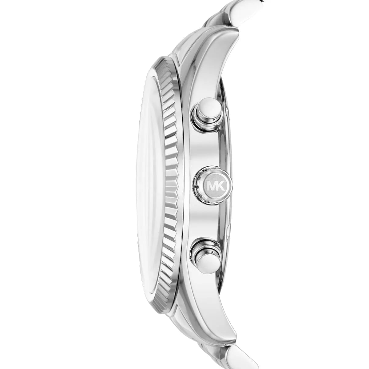 Side profile of Michael Kors Lexington MK8602 men's quartz battery watch showing 12mm thickness and silver finish