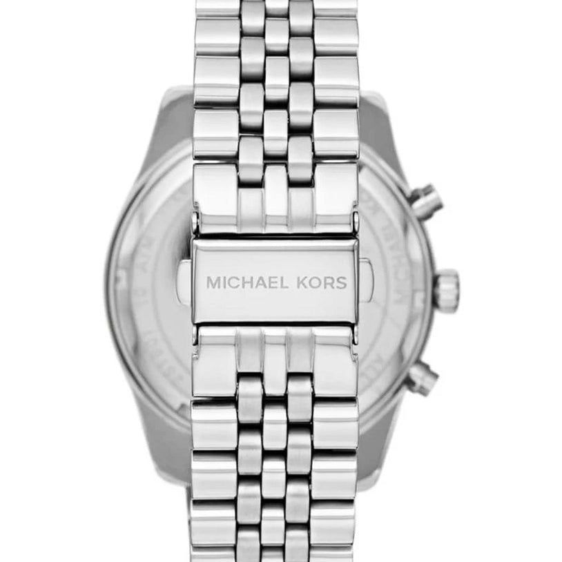 Caseback of Michael Kors Lexington MK8689 men's quartz battery watch showing technical specs navy blue dial and silver metal bracelet