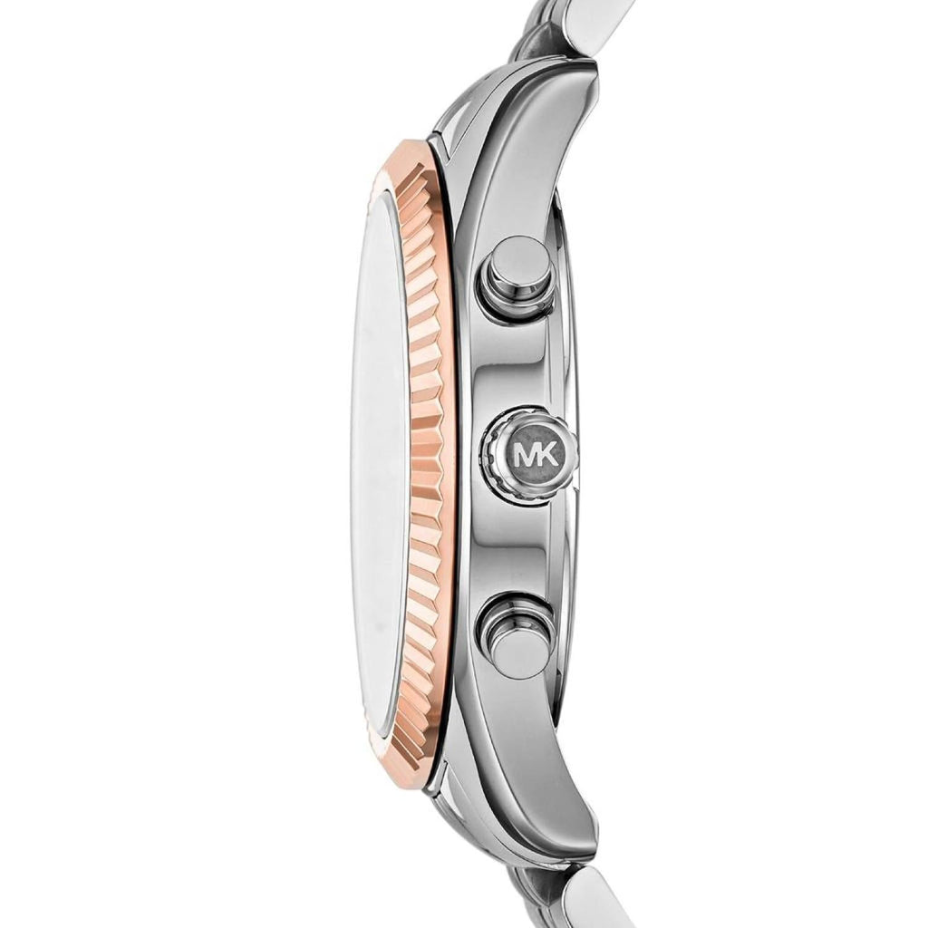 Side profile of Michael Kors Lexington MK8689 men's quartz battery watch showing 12mm thickness and rose gold fluted finish