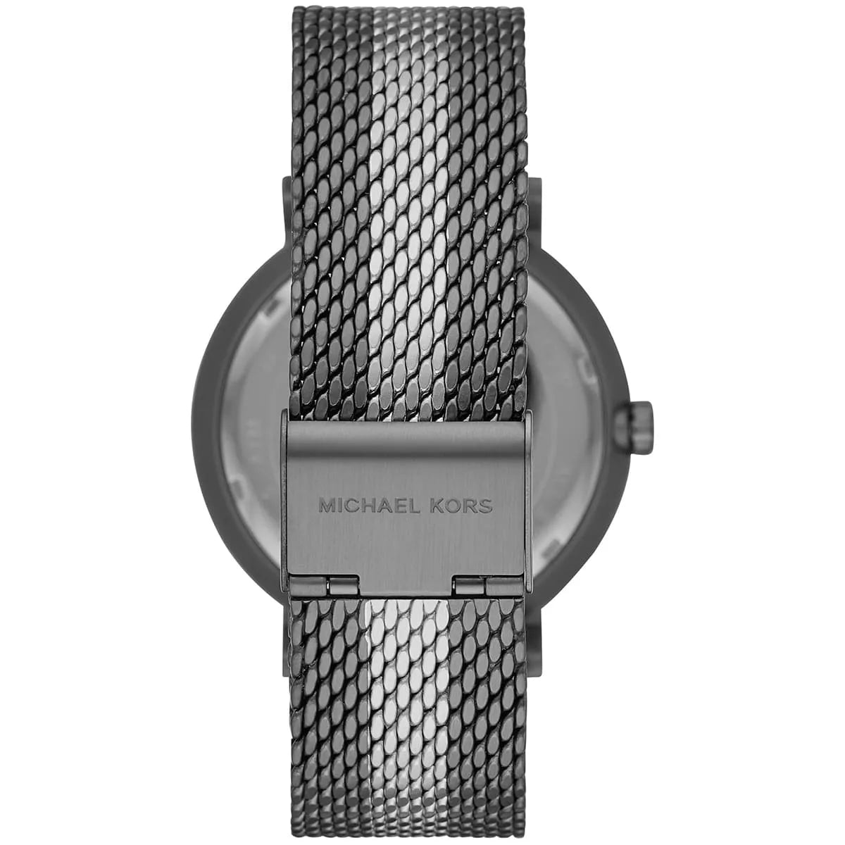 Caseback of Michael Kors Irving MK8805 men's quartz battery watch showing technical specs grey dial and mesh bracelet