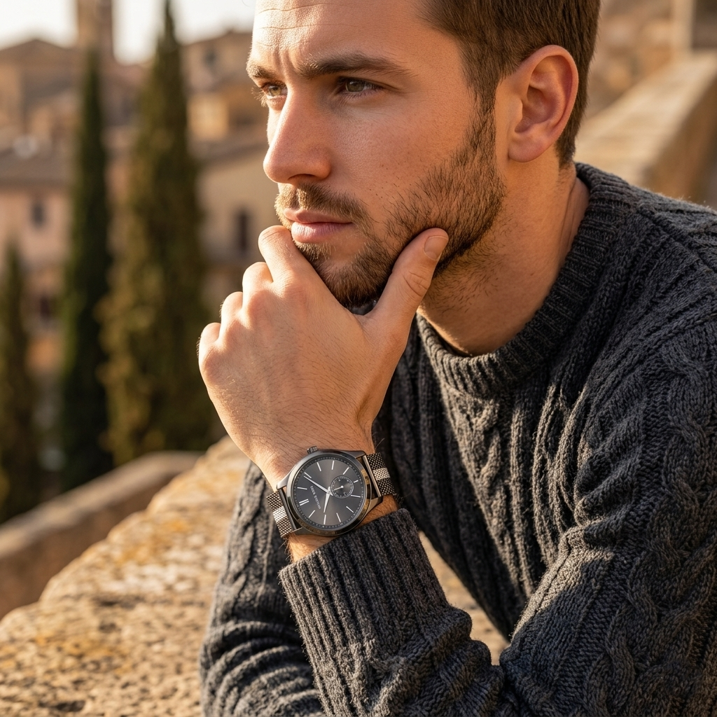 Elegant man wearing Michael Kors Irving MK8805 men's quartz battery watch with gunmetal case and minimalist grey dial