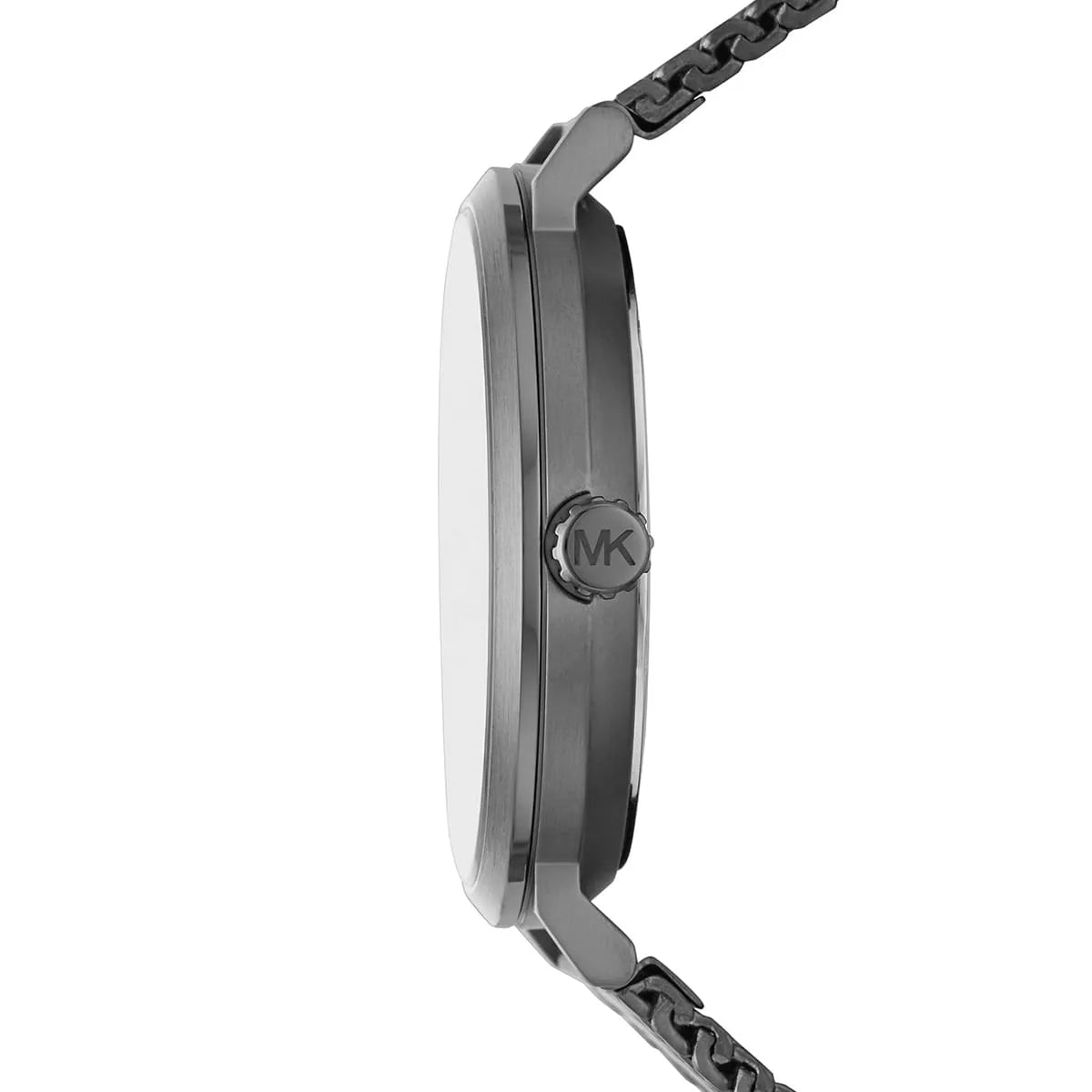 Detailed view of gunmetal grey crown on Michael Kors Irving MK8805 men's quartz battery watch with grey dial