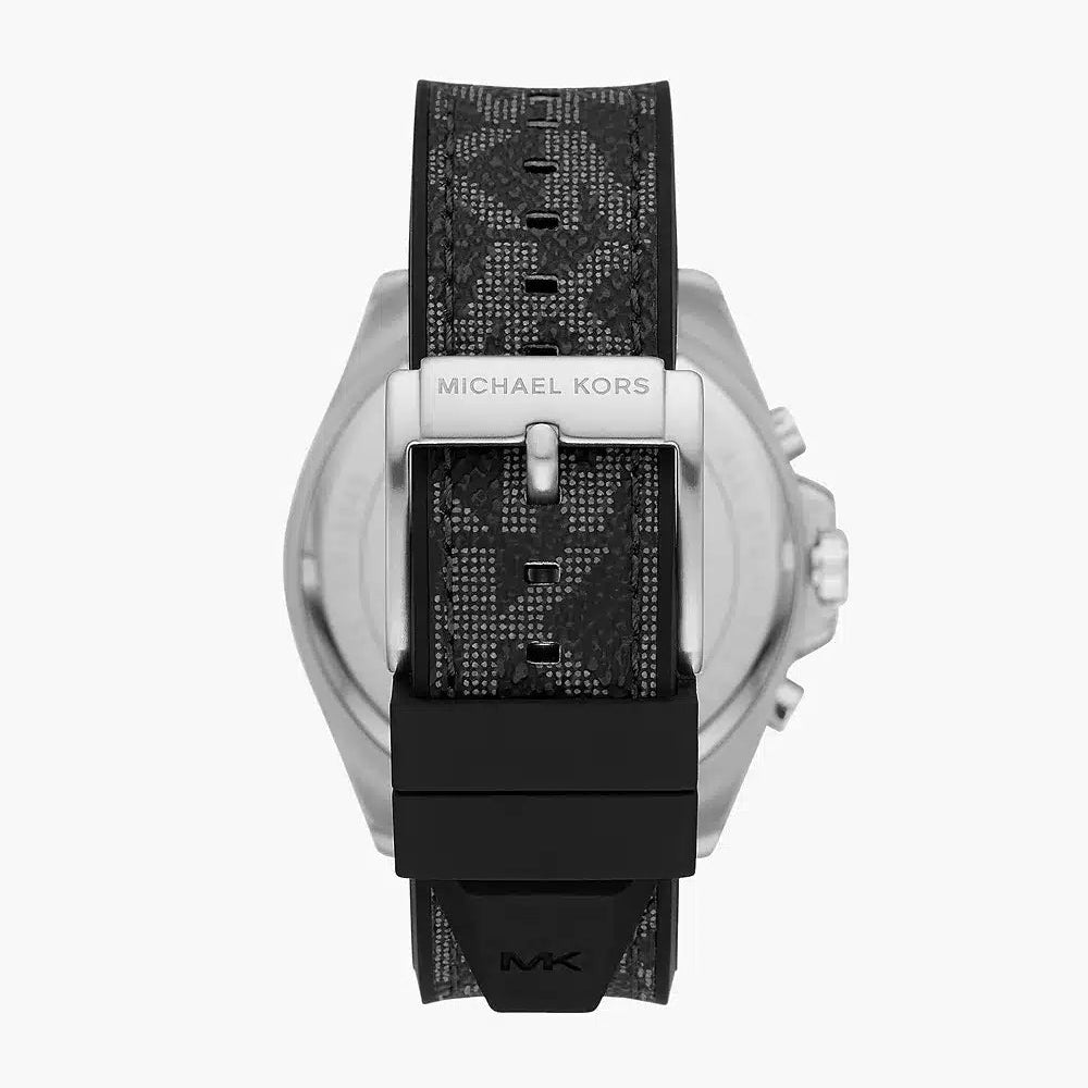 Caseback of Michael Kors Brecken MK8850 men's quartz battery watch showing technical specs black dial and black rubber strap