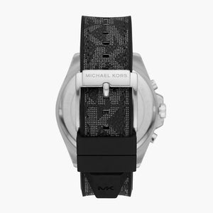 Caseback of Michael Kors Brecken MK8850 men's quartz battery watch showing technical specs black dial and black rubber strap